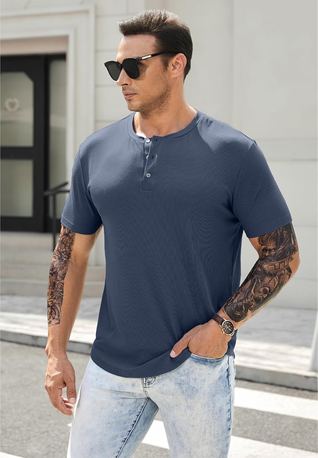 Men's Muscle Slim Henley Shirts Crewneck T-Shirt Gym Workout Athletic Shirt Tees - Picture 36 of 202