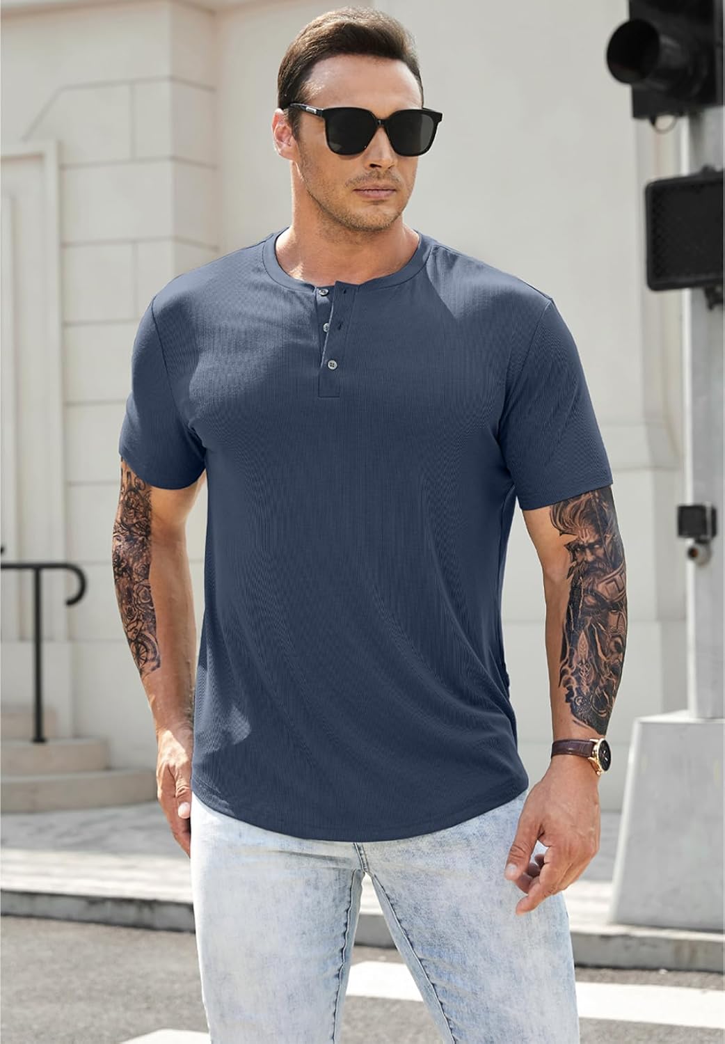Men's Muscle Slim Henley Shirts Crewneck T-Shirt Gym Workout Athletic Shirt Tees - Picture 37 of 202