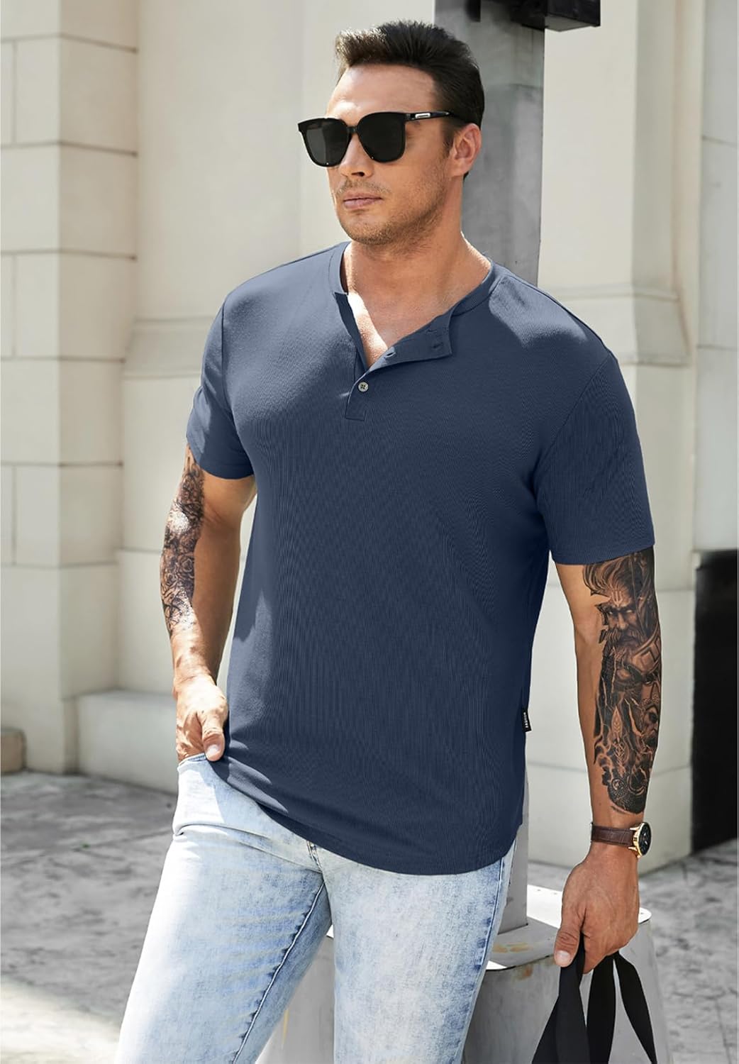 Men's Muscle Slim Henley Shirts Crewneck T-Shirt Gym Workout Athletic Shirt Tees - Picture 38 of 202