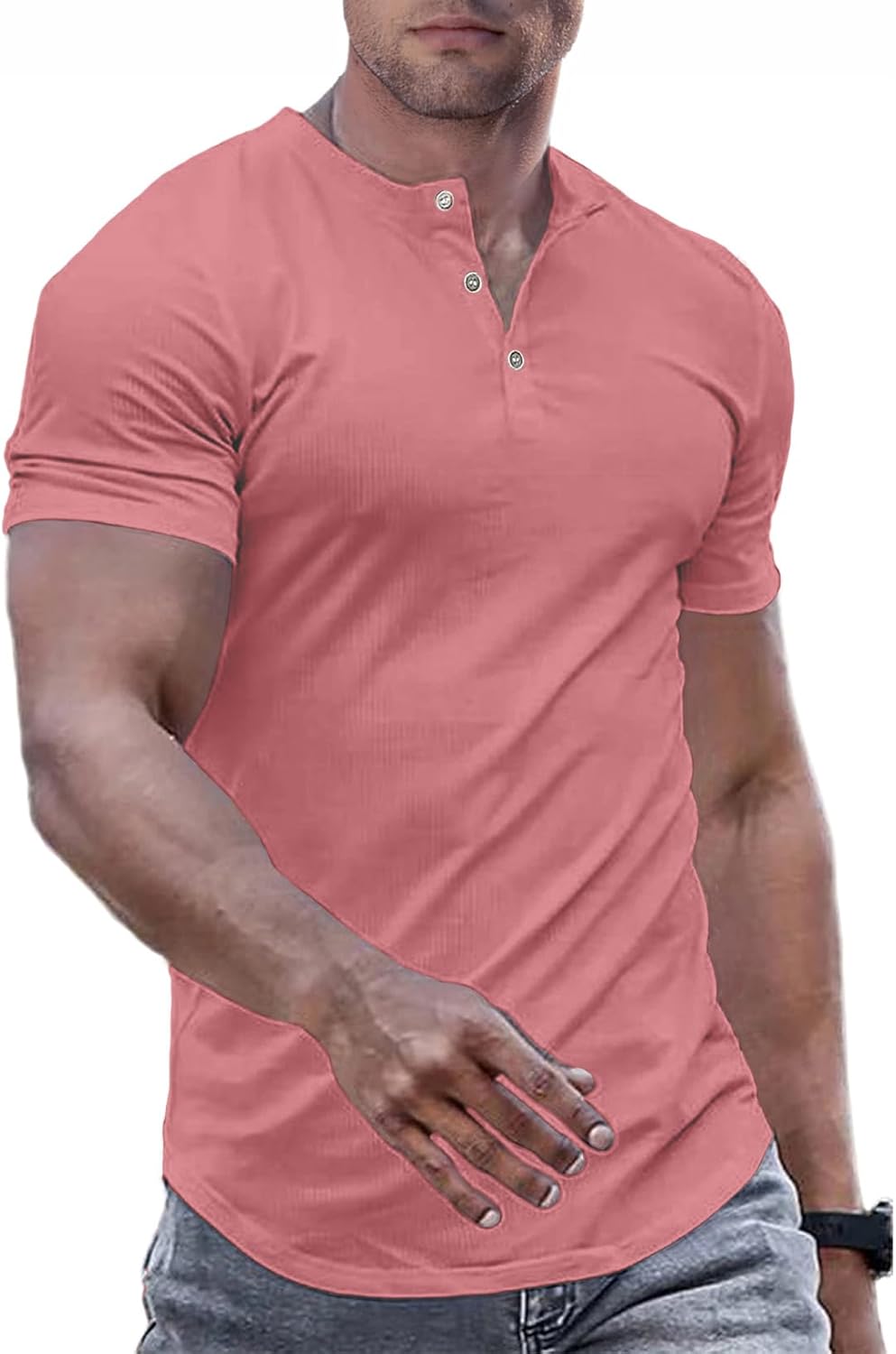 Men's Muscle Slim Henley Shirts Crewneck T-Shirt Gym Workout Athletic Shirt Tees - Picture 39 of 202