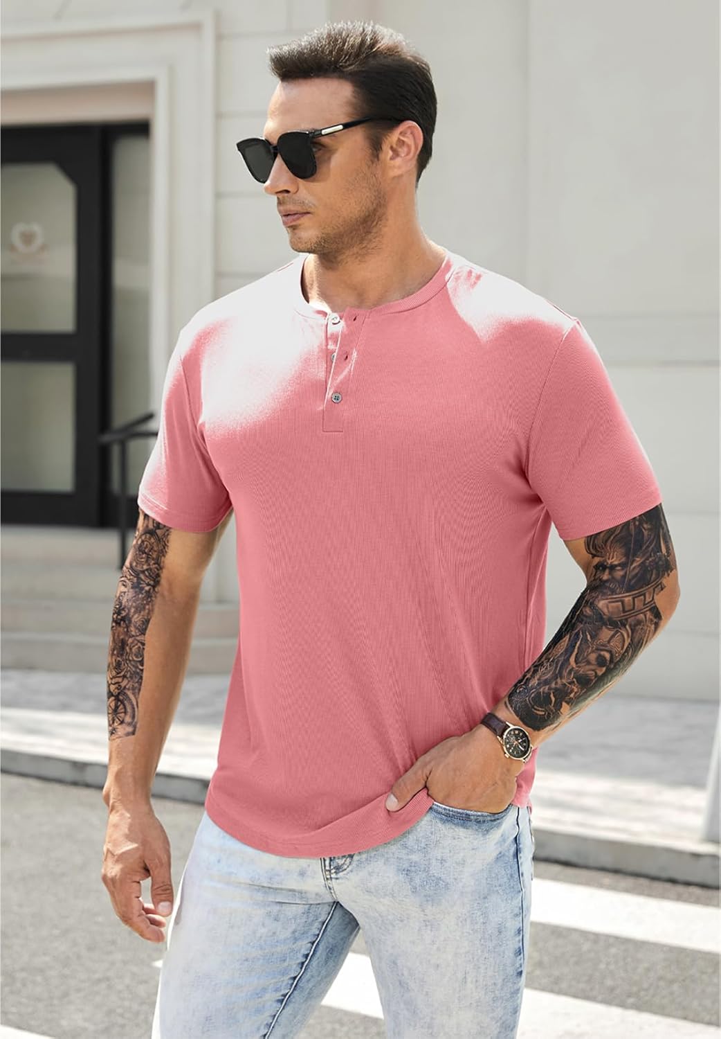 Men's Muscle Slim Henley Shirts Crewneck T-Shirt Gym Workout Athletic Shirt Tees - Picture 43 of 202