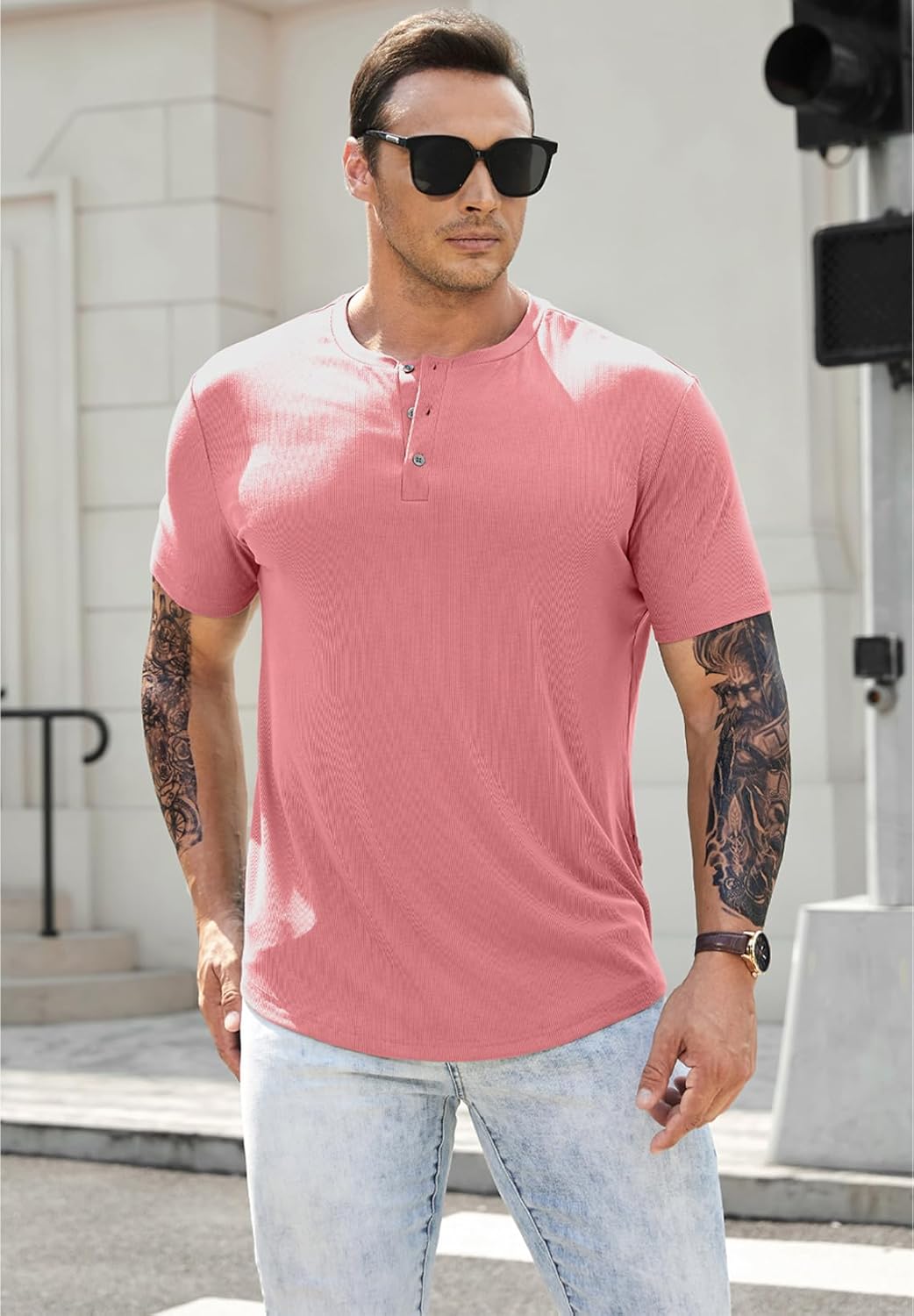 Men's Muscle Slim Henley Shirts Crewneck T-Shirt Gym Workout Athletic Shirt Tees - Picture 44 of 202