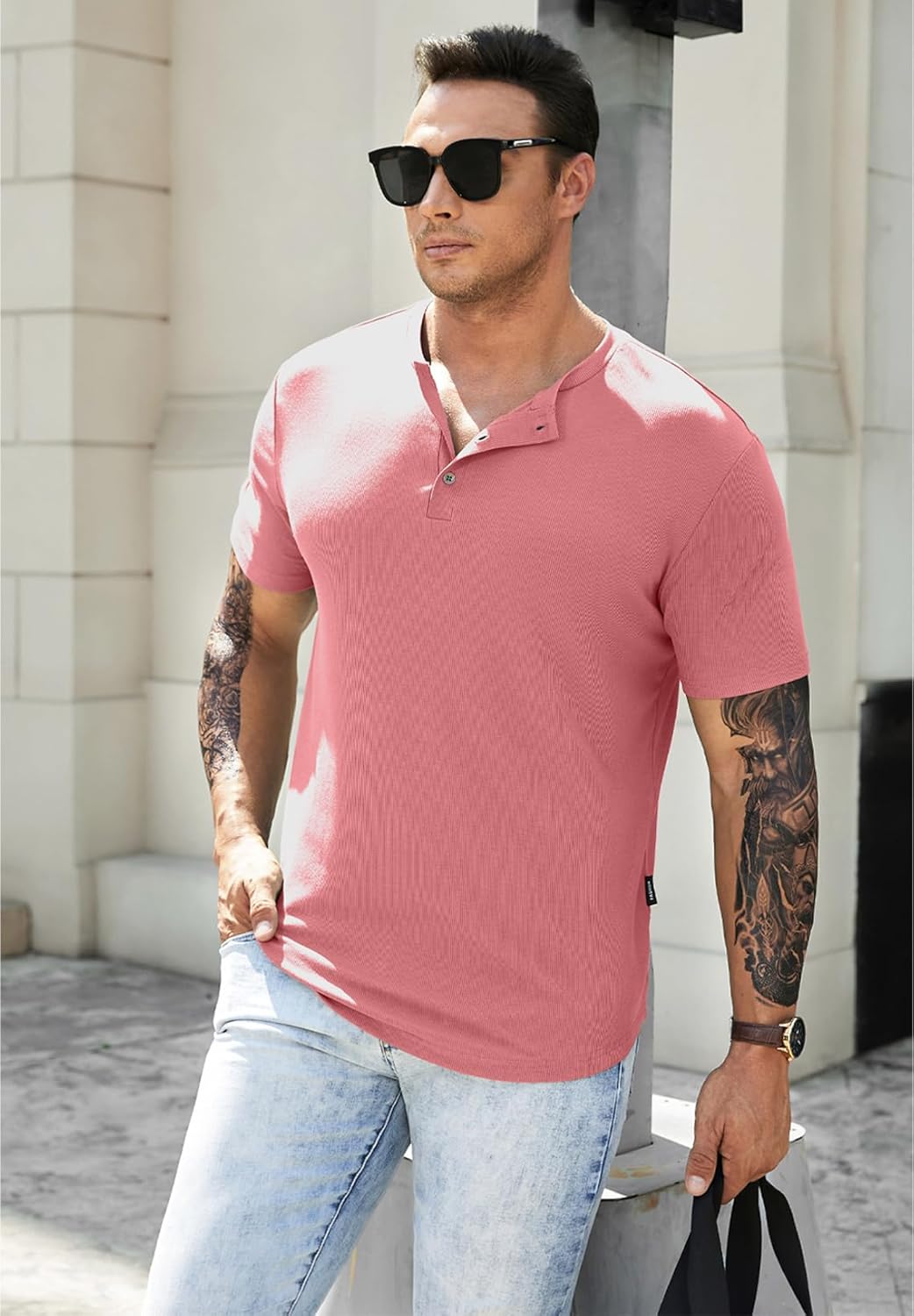 Men's Muscle Slim Henley Shirts Crewneck T-Shirt Gym Workout Athletic Shirt Tees - Picture 45 of 202