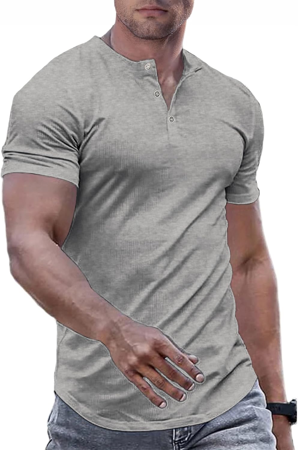Men's Muscle Slim Henley Shirts Crewneck T-Shirt Gym Workout Athletic Shirt Tees - Picture 47 of 202