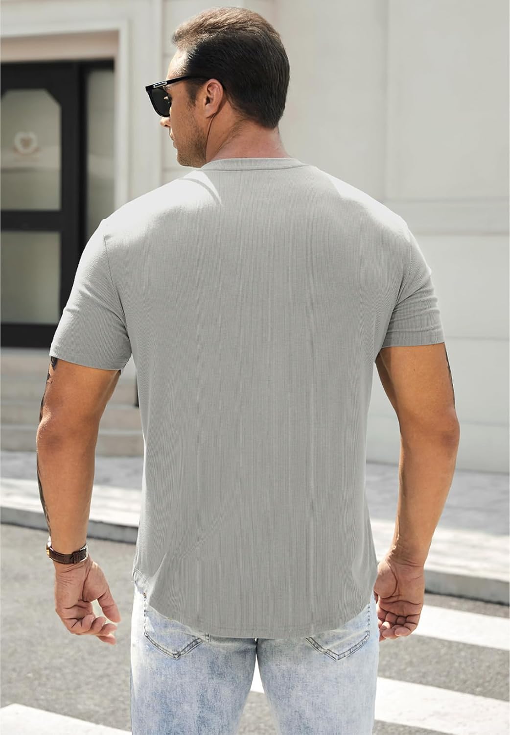 Men's Muscle Slim Henley Shirts Crewneck T-Shirt Gym Workout Athletic Shirt Tees - Picture 48 of 202