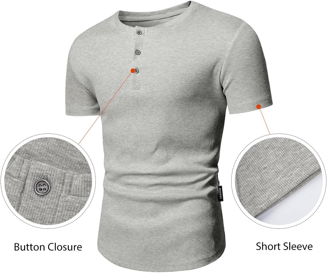 Men's Muscle Slim Henley Shirts Crewneck T-Shirt Gym Workout Athletic Shirt Tees - Picture 49 of 202