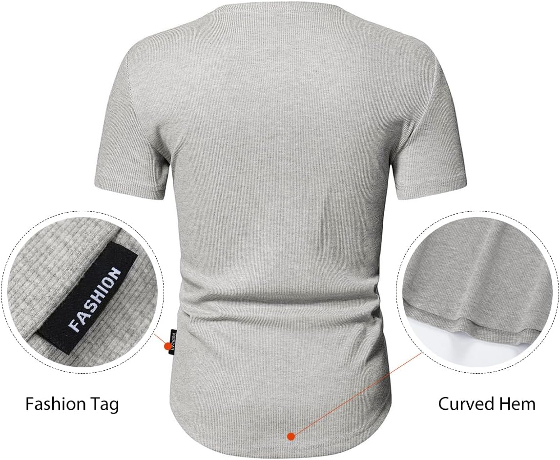 Men's Muscle Slim Henley Shirts Crewneck T-Shirt Gym Workout Athletic Shirt Tees - Picture 50 of 202