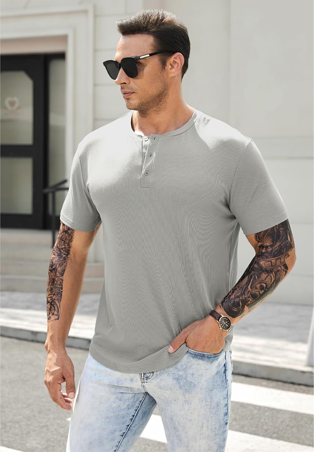 Men's Muscle Slim Henley Shirts Crewneck T-Shirt Gym Workout Athletic Shirt Tees - Picture 52 of 202
