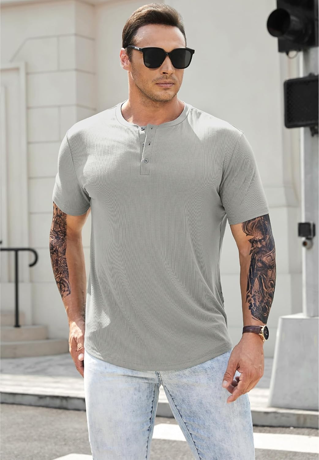 Men's Muscle Slim Henley Shirts Crewneck T-Shirt Gym Workout Athletic Shirt Tees - Picture 53 of 202