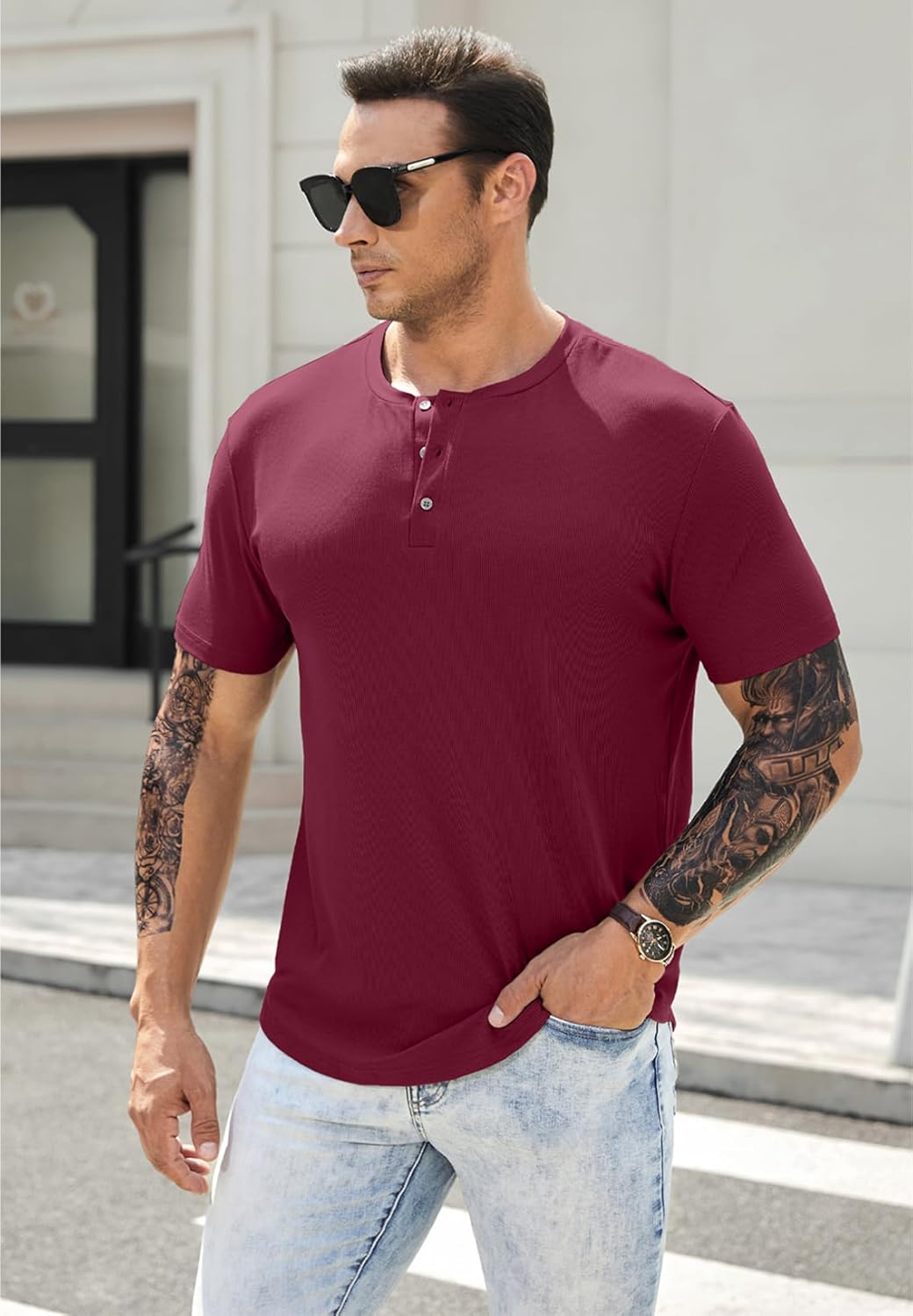 Men's Muscle Slim Henley Shirts Crewneck T-Shirt Gym Workout Athletic Shirt Tees - Picture 58 of 202