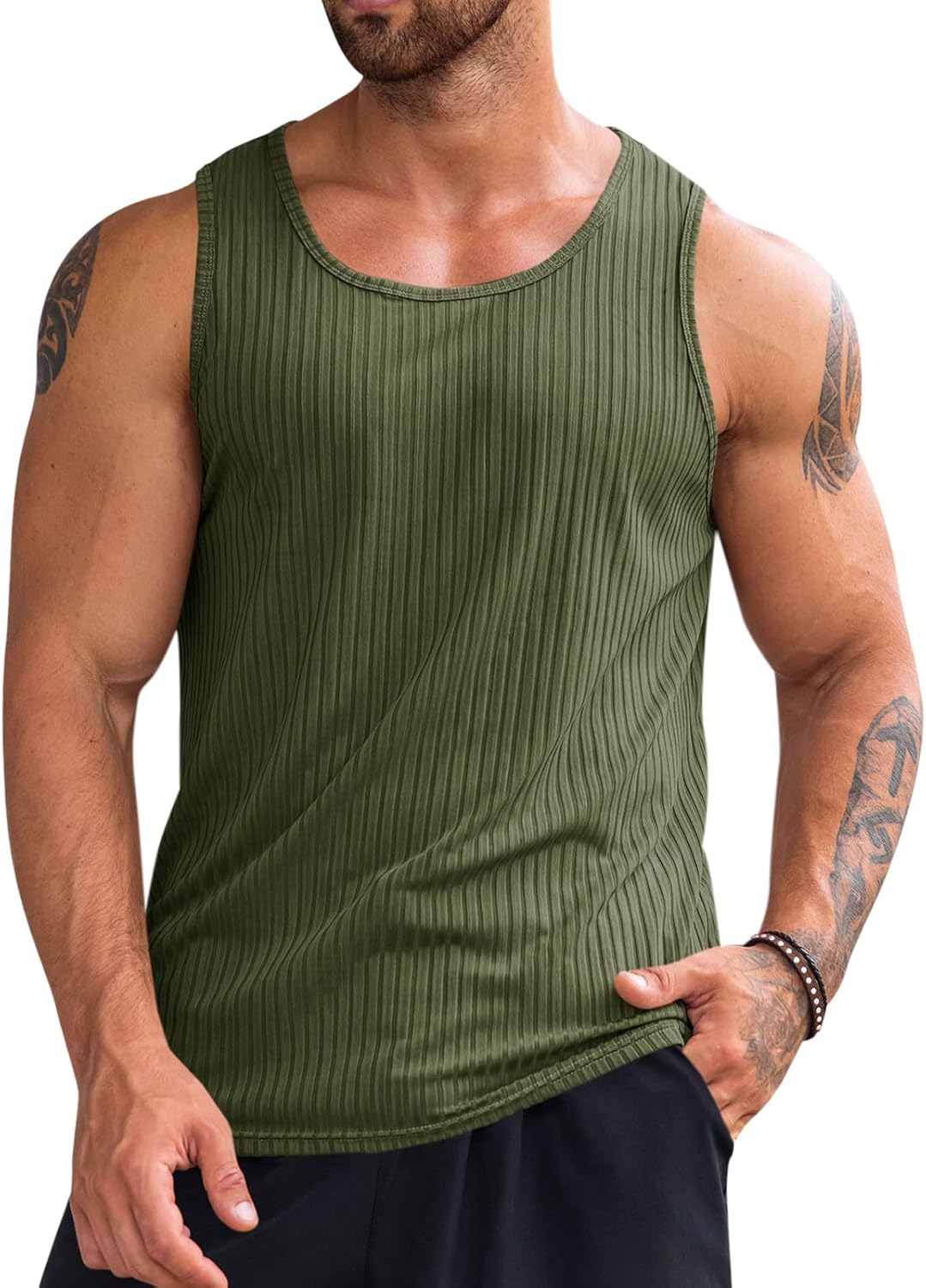 Men's Ribbed Tank Tops Knit Sleeveless Workout T Shirt Muscle Gym Fitness Tee - Picture 30 of 92