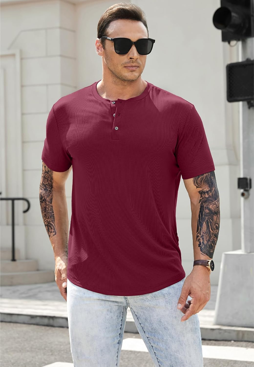 Men's Muscle Slim Henley Shirts Crewneck T-Shirt Gym Workout Athletic Shirt Tees - Picture 59 of 202