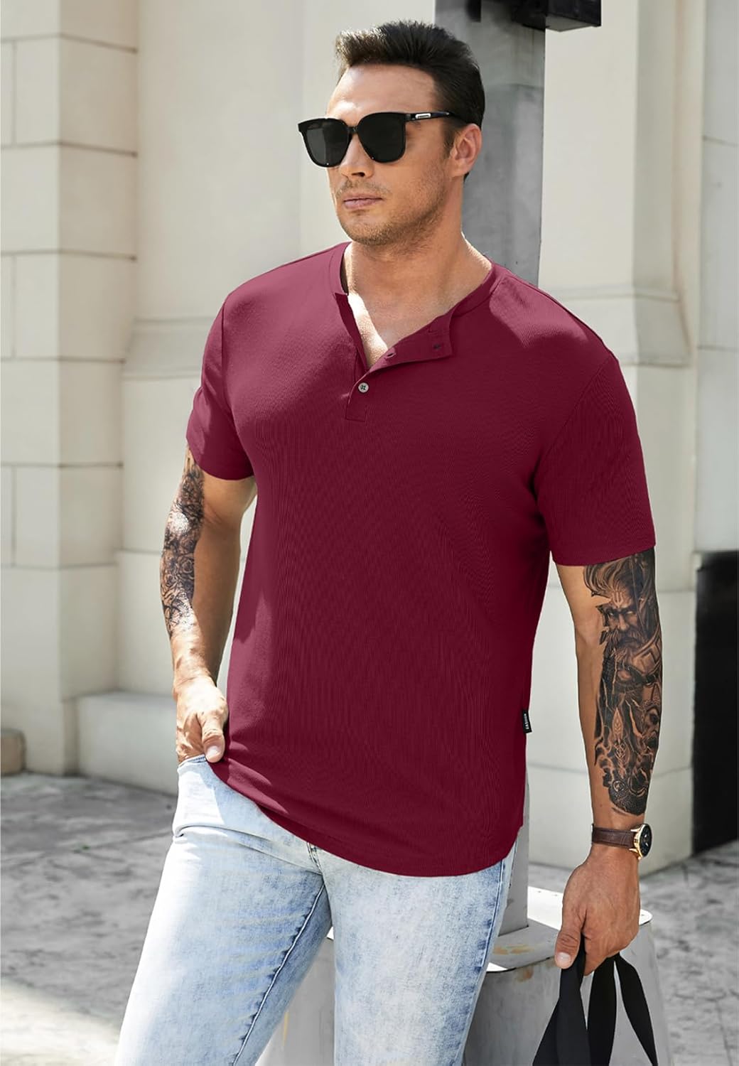 Men's Muscle Slim Henley Shirts Crewneck T-Shirt Gym Workout Athletic Shirt Tees - Picture 60 of 202