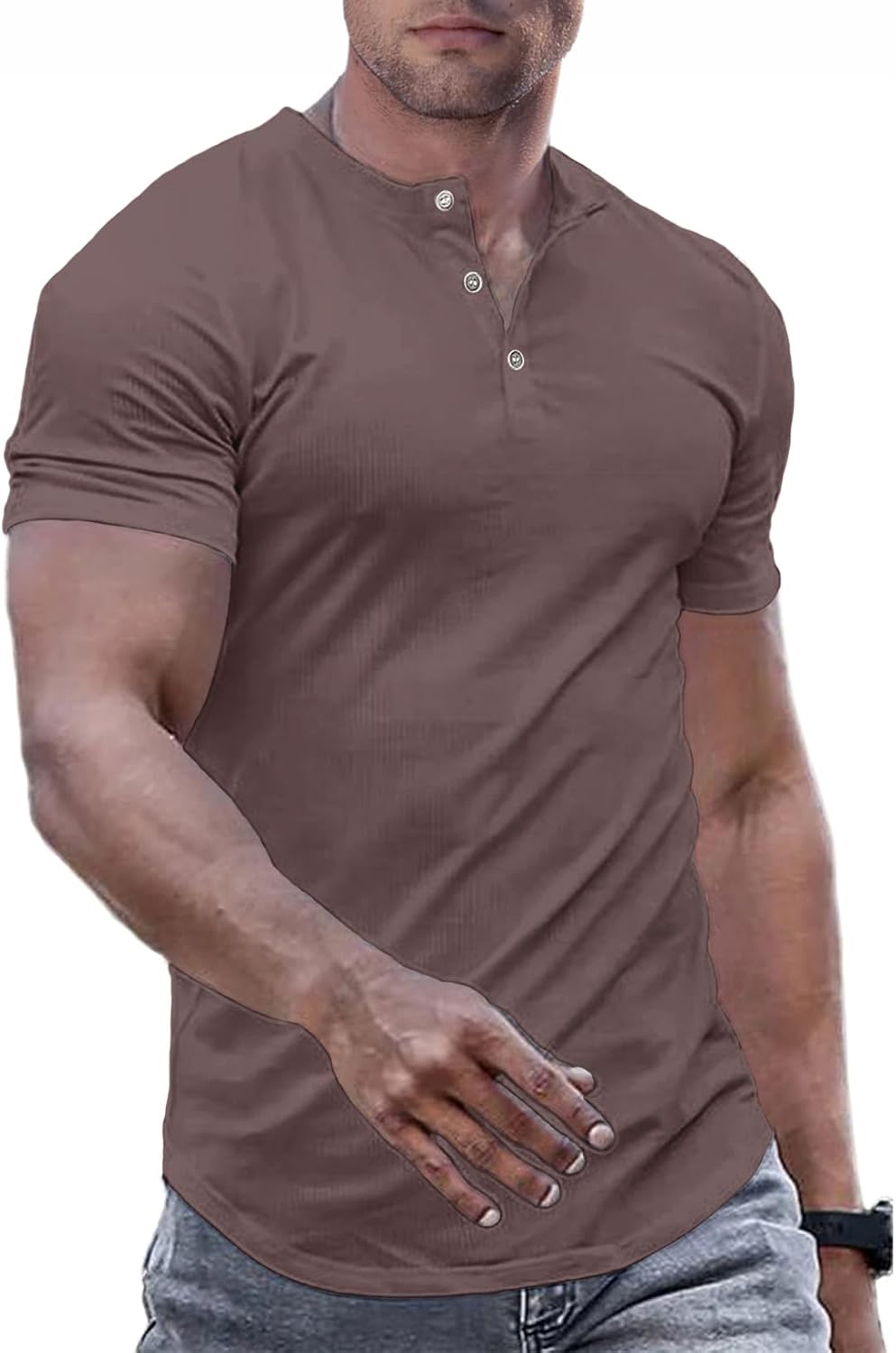 Men's Muscle Slim Henley Shirts Crewneck T-Shirt Gym Workout Athletic Shirt Tees - Picture 63 of 202