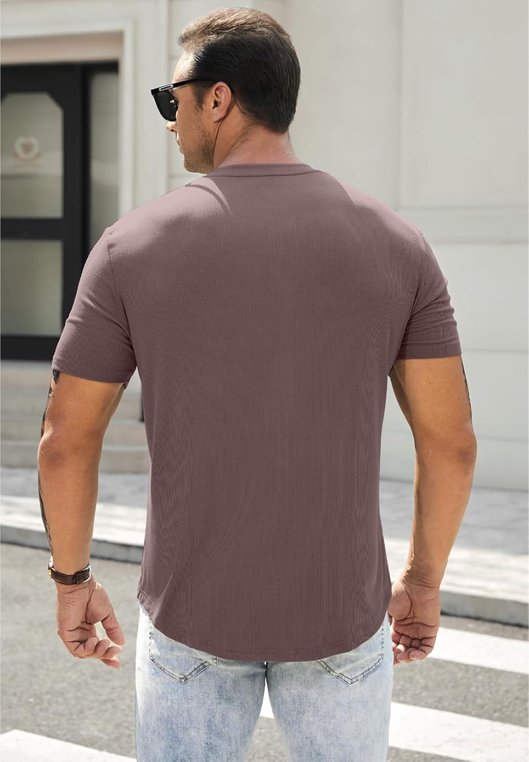 Men's Muscle Slim Henley Shirts Crewneck T-Shirt Gym Workout Athletic Shirt Tees - Picture 64 of 202