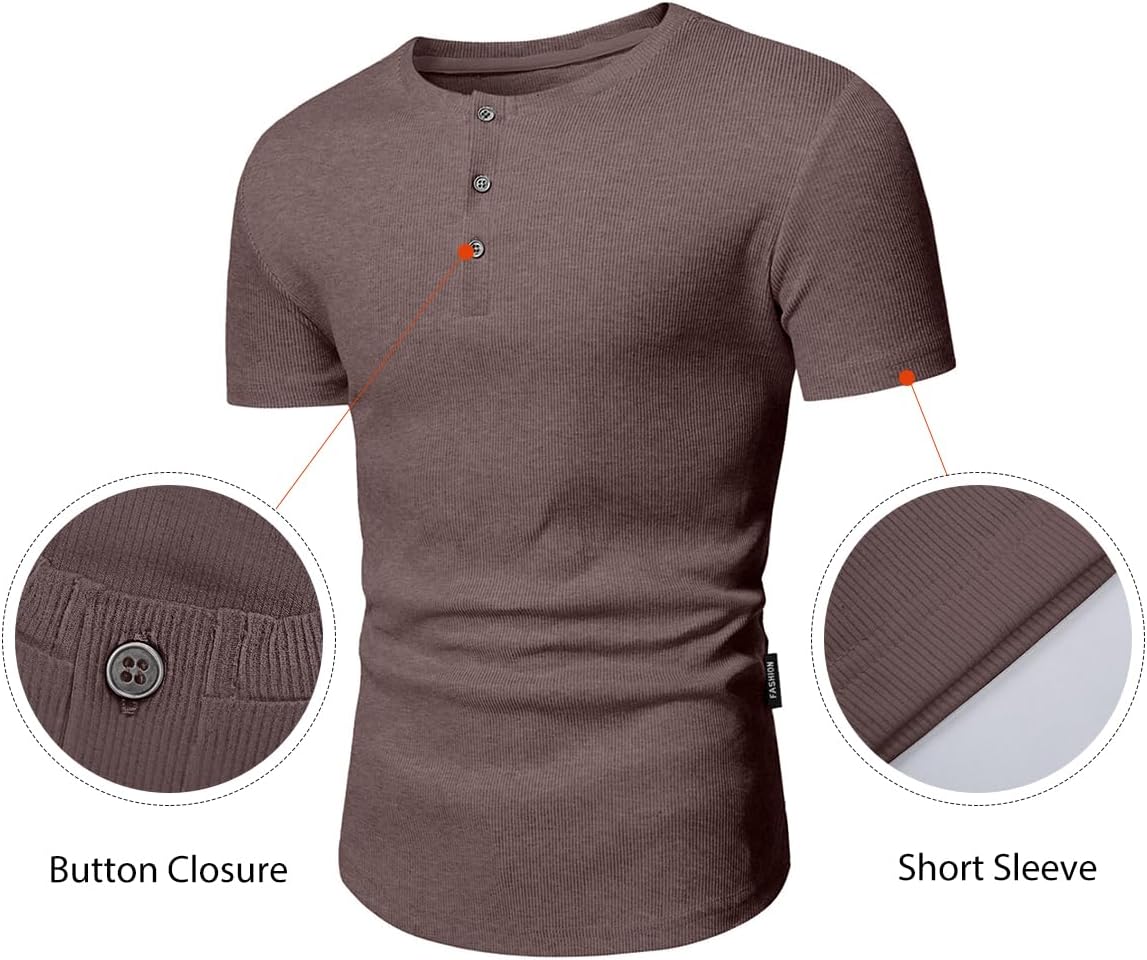 Men's Muscle Slim Henley Shirts Crewneck T-Shirt Gym Workout Athletic Shirt Tees - Picture 65 of 202
