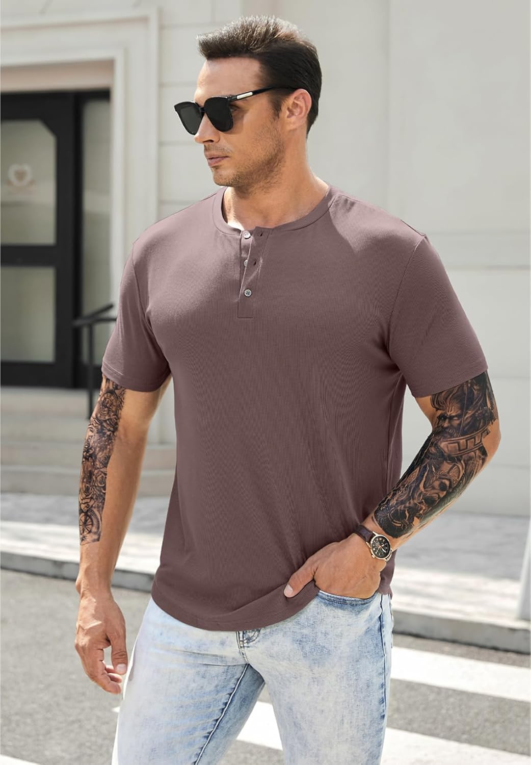 Men's Muscle Slim Henley Shirts Crewneck T-Shirt Gym Workout Athletic Shirt Tees - Picture 68 of 202