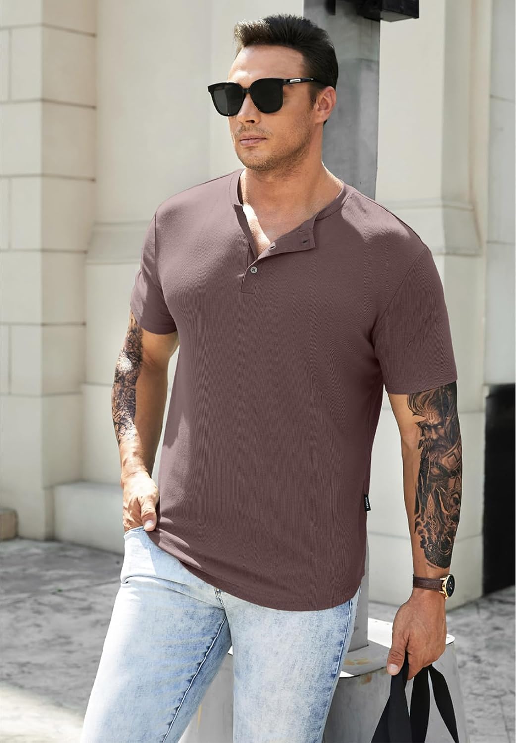 Men's Muscle Slim Henley Shirts Crewneck T-Shirt Gym Workout Athletic Shirt Tees - Picture 69 of 202