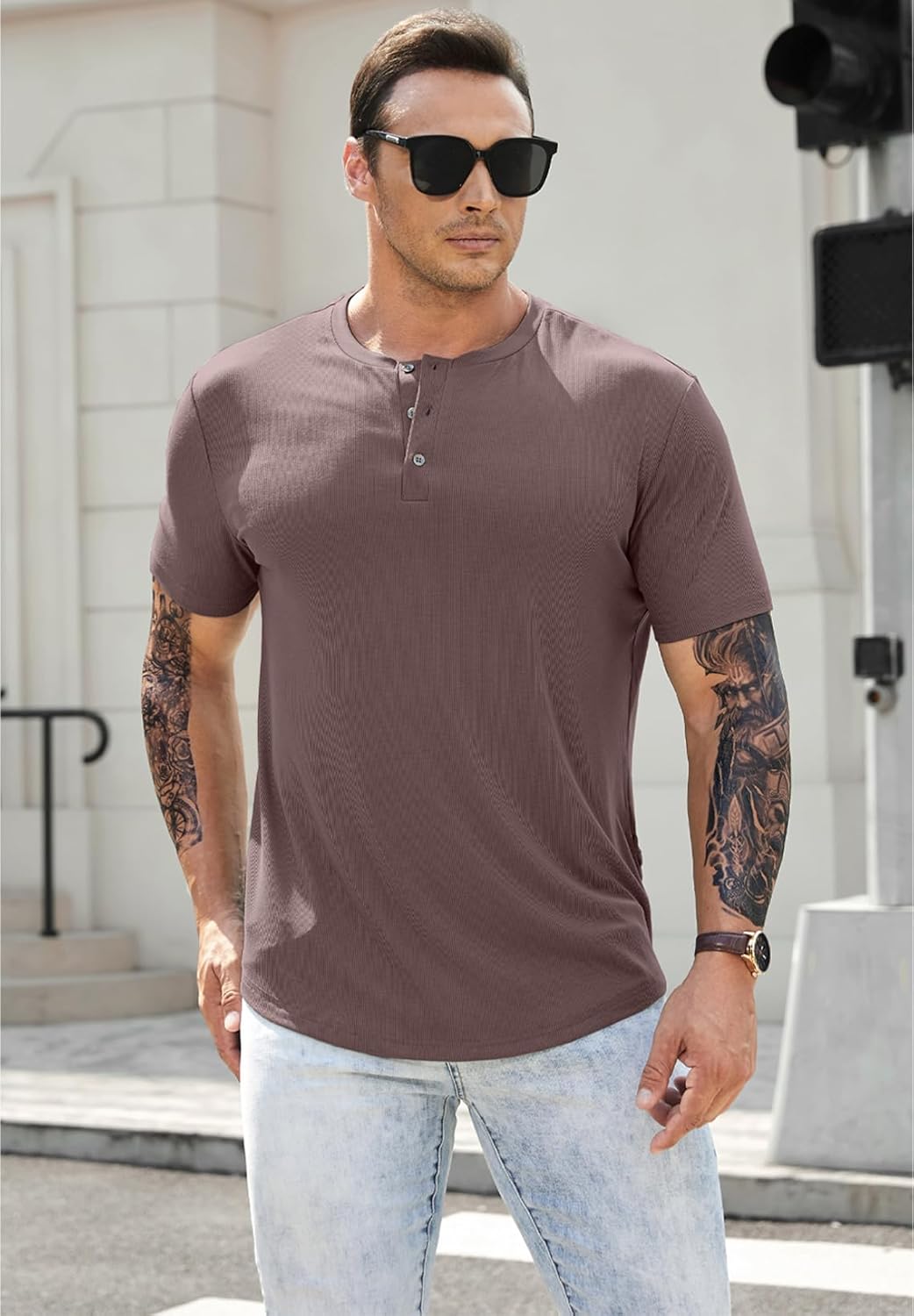 Men's Muscle Slim Henley Shirts Crewneck T-Shirt Gym Workout Athletic Shirt Tees - Picture 70 of 202