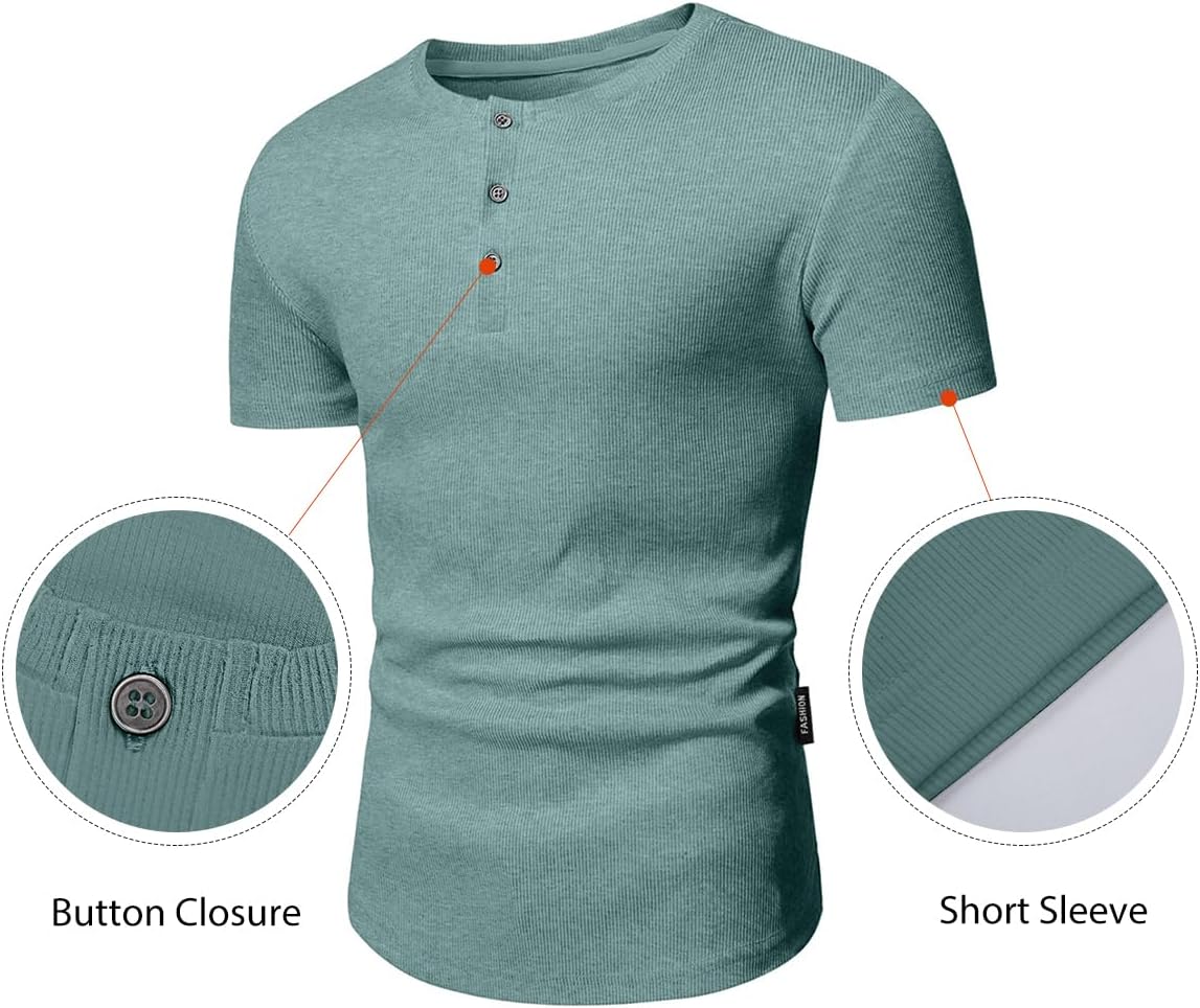 Men's Muscle Slim Henley Shirts Crewneck T-Shirt Gym Workout Athletic Shirt Tees - Picture 72 of 202