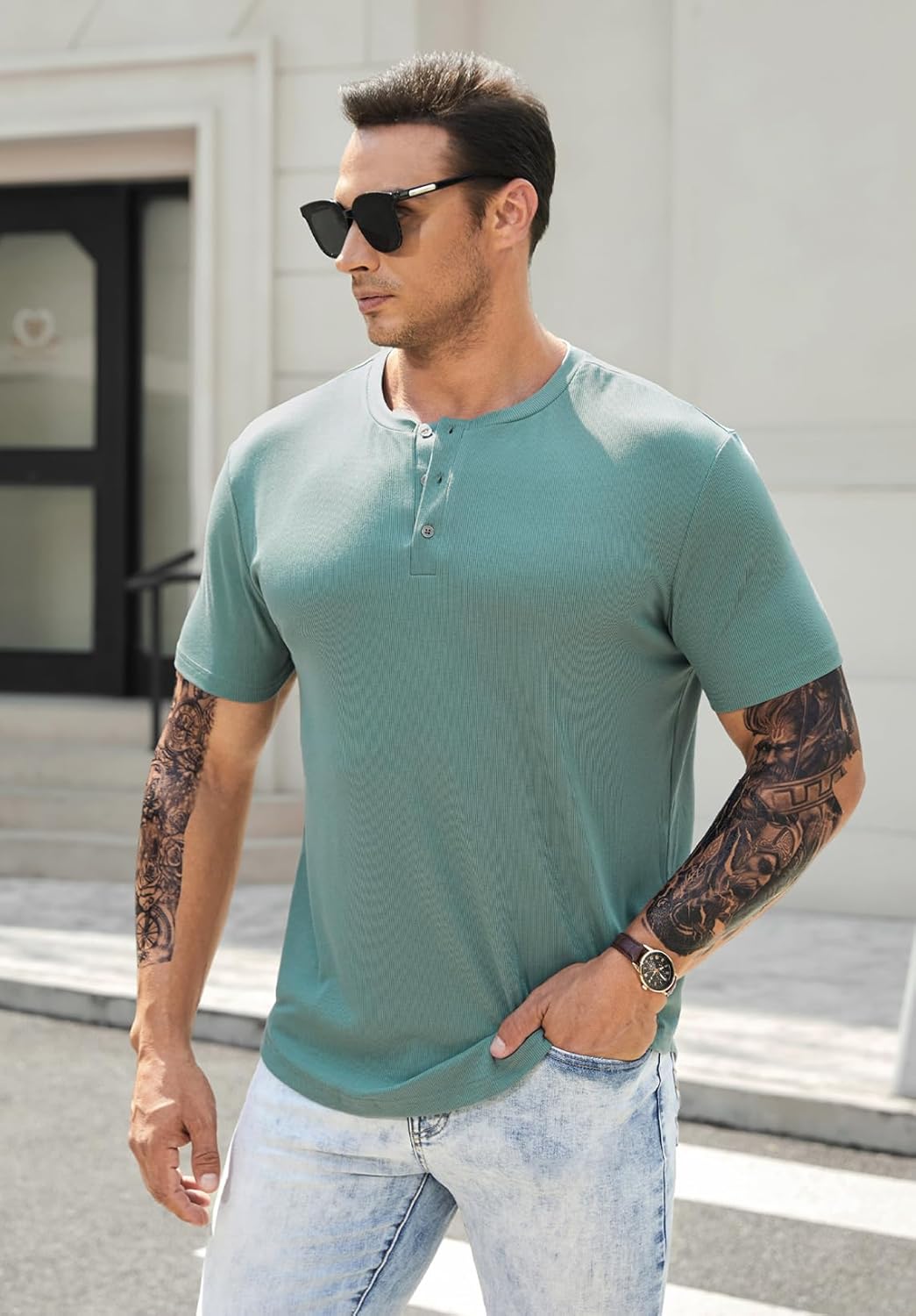 Men's Muscle Slim Henley Shirts Crewneck T-Shirt Gym Workout Athletic Shirt Tees - Picture 75 of 202