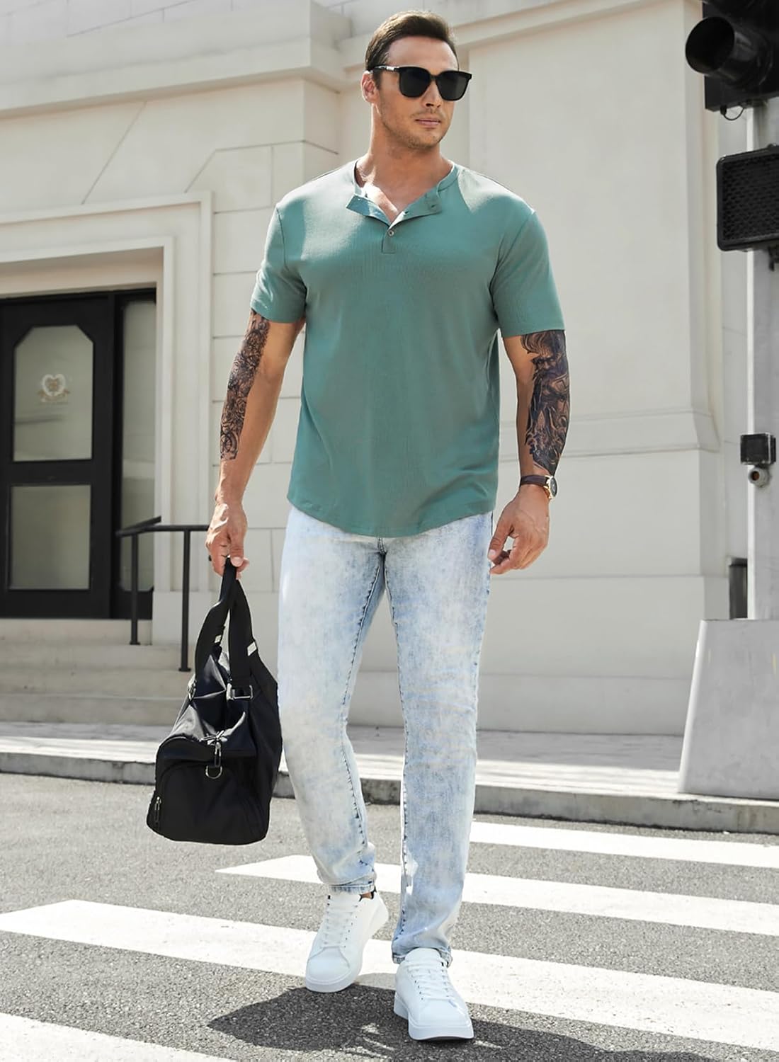 Men's Muscle Slim Henley Shirts Crewneck T-Shirt Gym Workout Athletic Shirt Tees - Picture 77 of 202