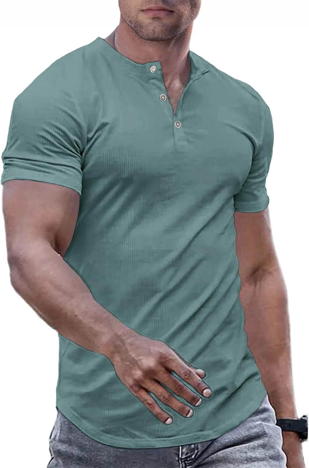 Men's Muscle Slim Henley Shirts Crewneck T-Shirt Gym Workout Athletic Shirt Tees - Picture 78 of 202