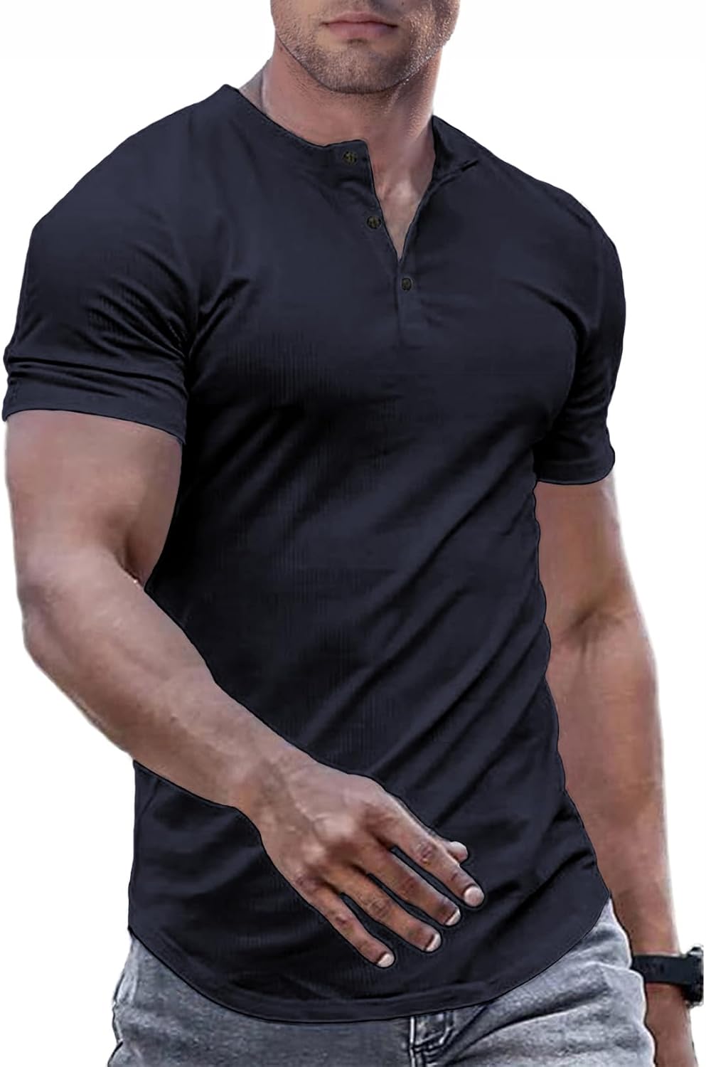 Men's Muscle Slim Henley Shirts Crewneck T-Shirt Gym Workout Athletic Shirt Tees - Picture 79 of 202
