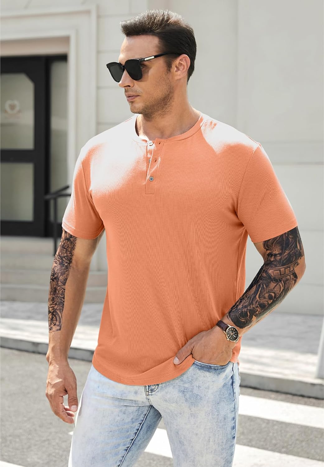 Men's Muscle Slim Henley Shirts Crewneck T-Shirt Gym Workout Athletic Shirt Tees - Picture 88 of 202