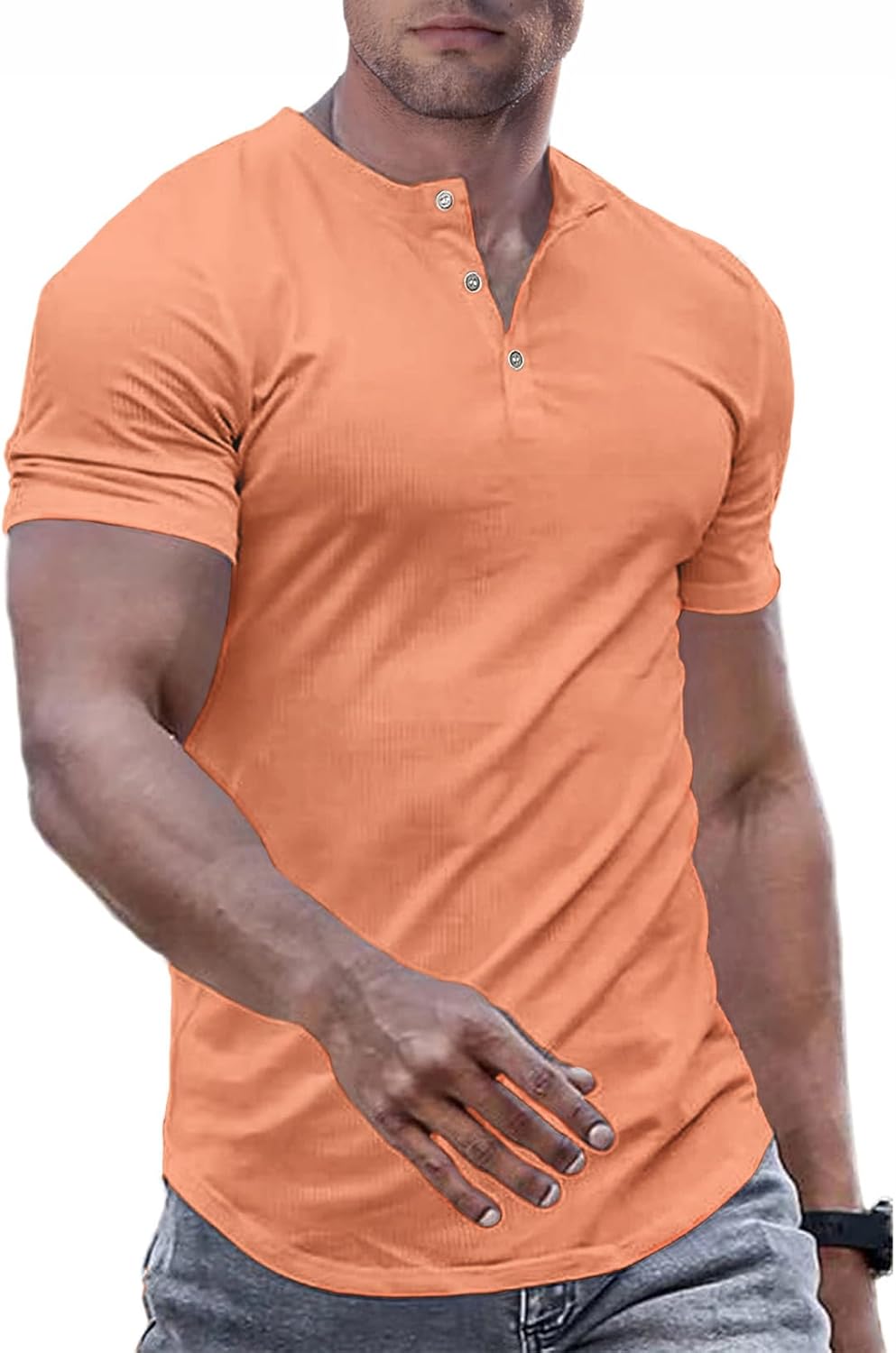 Men's Muscle Slim Henley Shirts Crewneck T-Shirt Gym Workout Athletic Shirt Tees - Picture 90 of 202