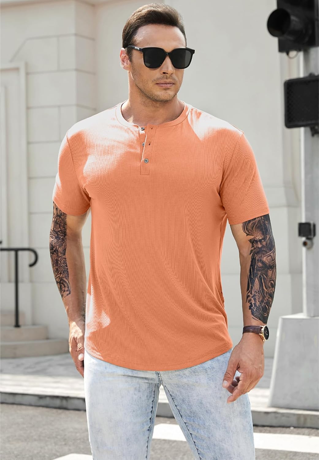 Men's Muscle Slim Henley Shirts Crewneck T-Shirt Gym Workout Athletic Shirt Tees - Picture 91 of 202