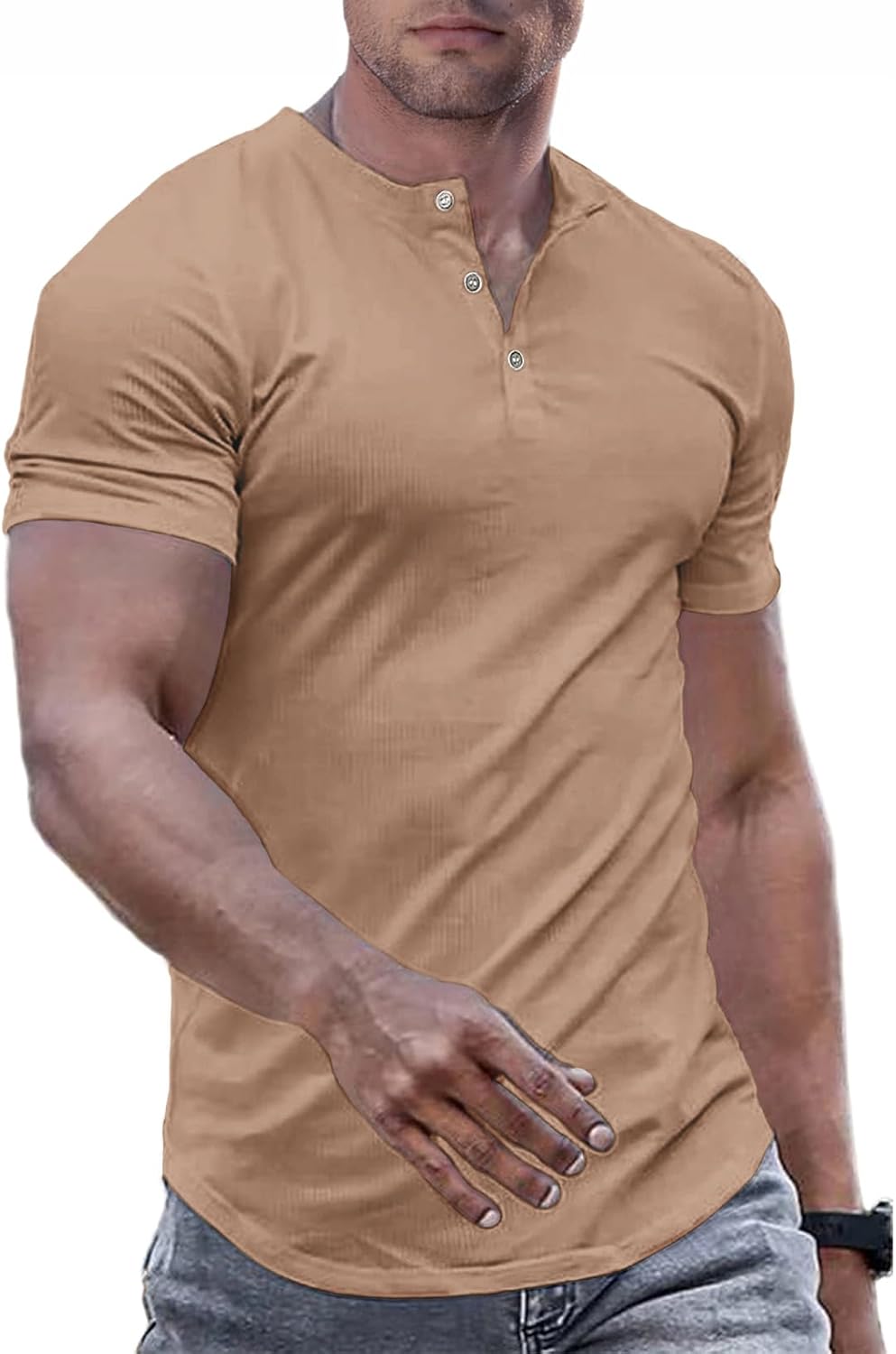 Men's Muscle Slim Henley Shirts Crewneck T-Shirt Gym Workout Athletic Shirt Tees - Picture 92 of 202