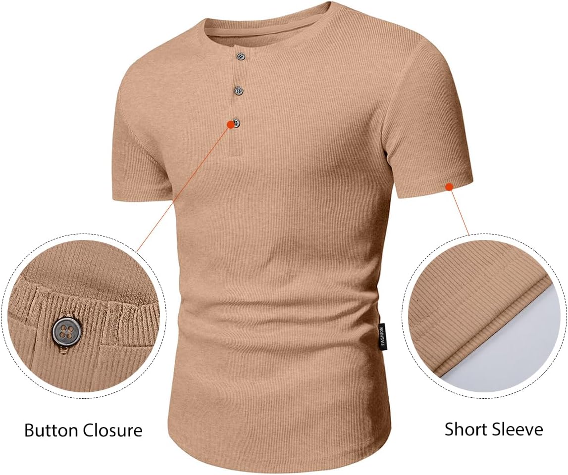 Men's Muscle Slim Henley Shirts Crewneck T-Shirt Gym Workout Athletic Shirt Tees - Picture 94 of 202
