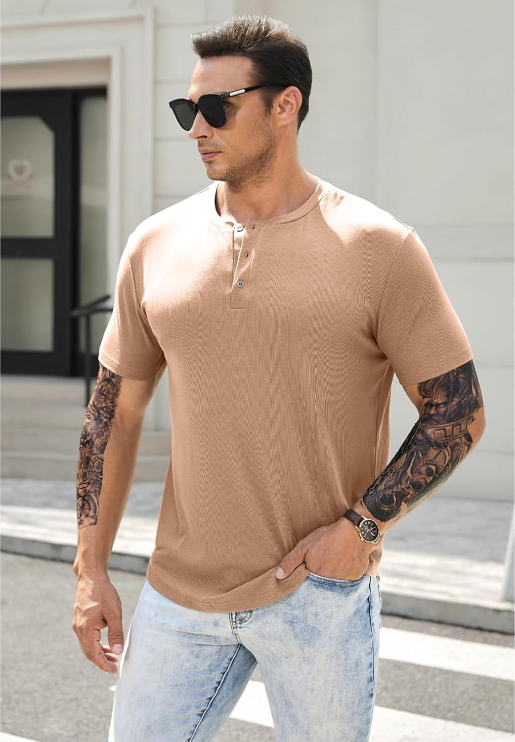 Men's Muscle Slim Henley Shirts Crewneck T-Shirt Gym Workout Athletic Shirt Tees - Picture 97 of 202
