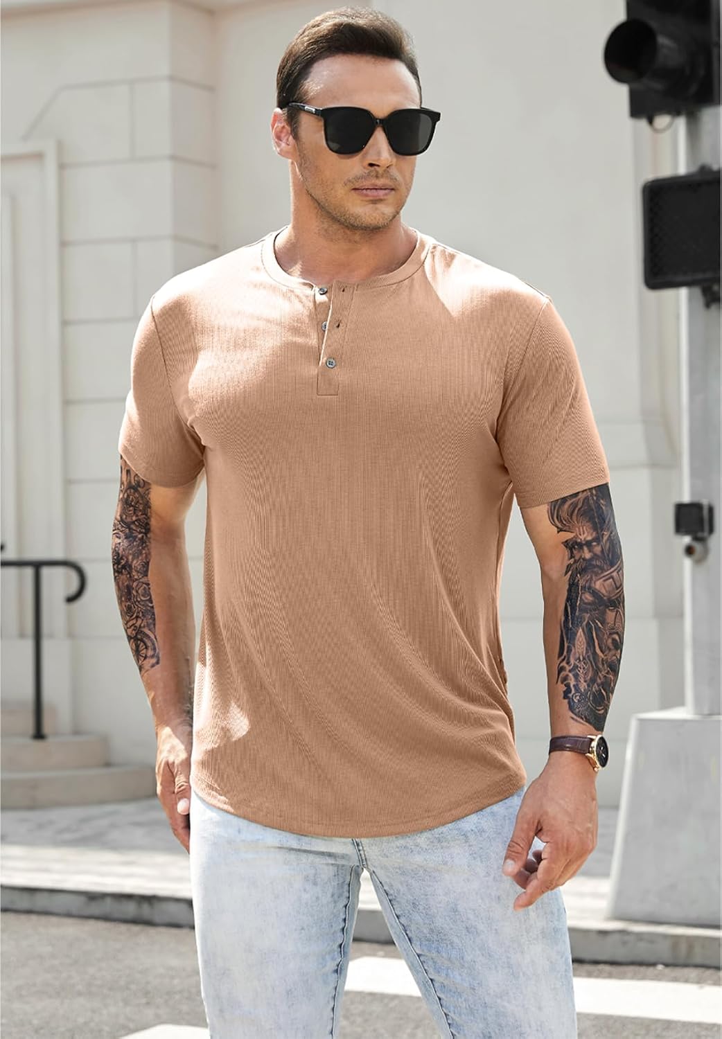 Men's Muscle Slim Henley Shirts Crewneck T-Shirt Gym Workout Athletic Shirt Tees - Picture 99 of 202