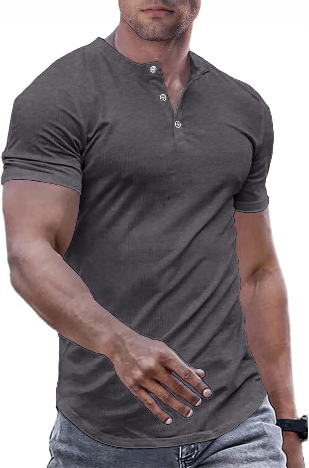 Men's Muscle Slim Henley Shirts Crewneck T-Shirt Gym Workout Athletic Shirt Tees - Picture 100 of 202