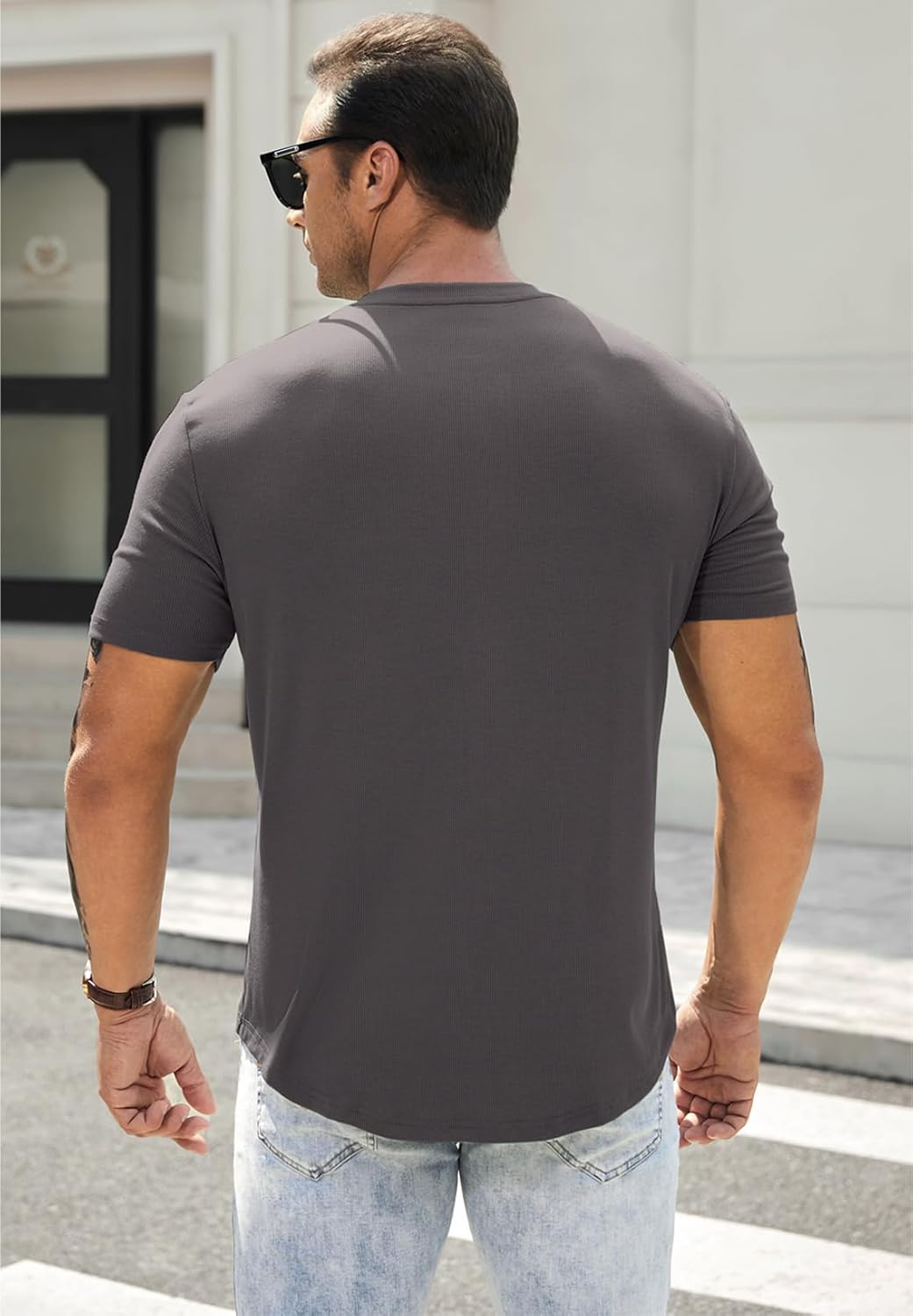 Men's Muscle Slim Henley Shirts Crewneck T-Shirt Gym Workout Athletic Shirt Tees - Picture 101 of 202
