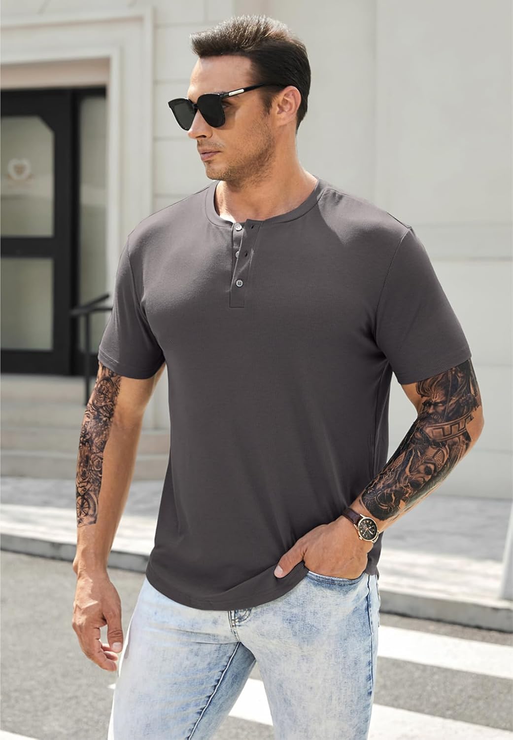 Men's Muscle Slim Henley Shirts Crewneck T-Shirt Gym Workout Athletic Shirt Tees - Picture 105 of 202