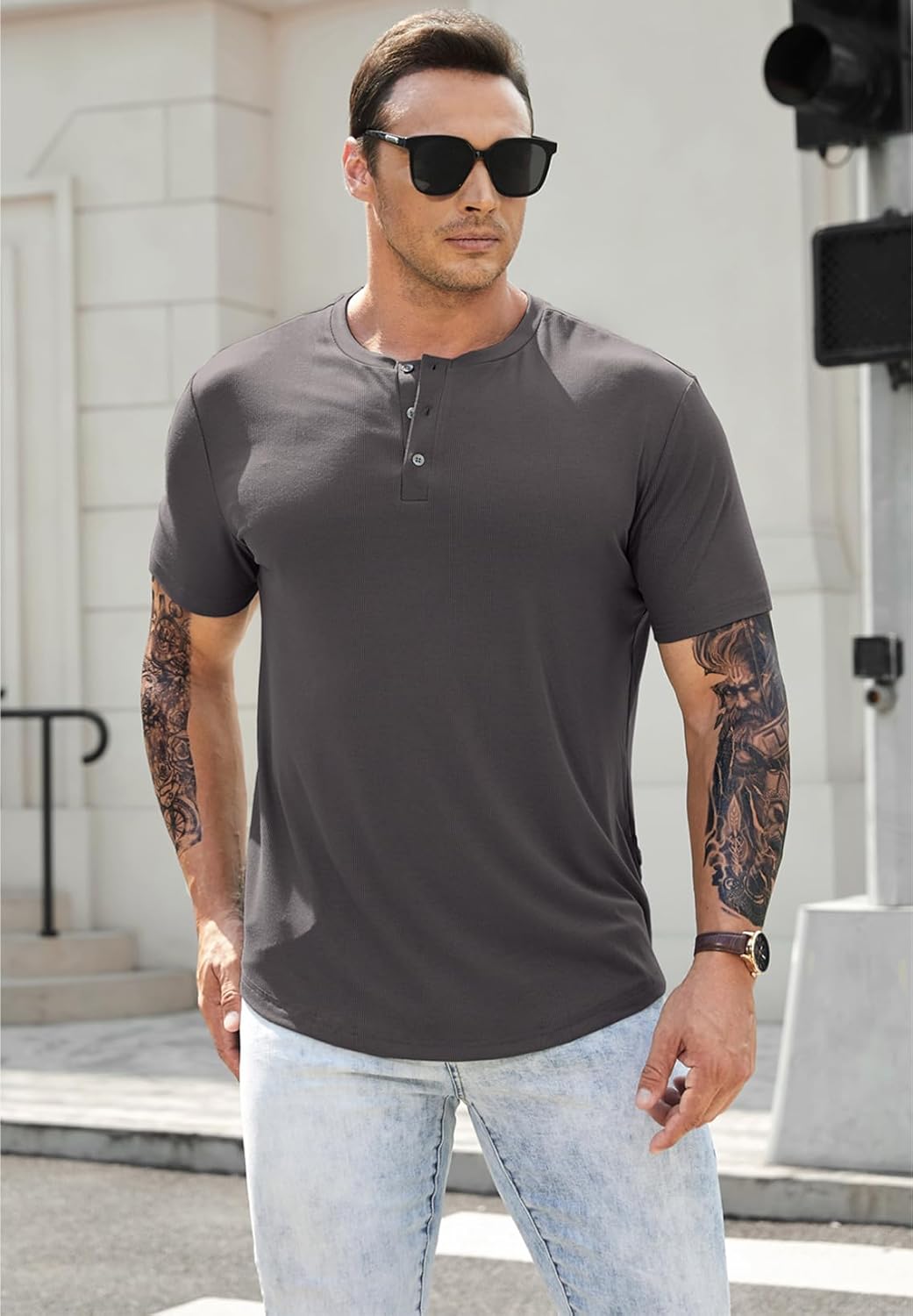 Men's Muscle Slim Henley Shirts Crewneck T-Shirt Gym Workout Athletic Shirt Tees - Picture 106 of 202