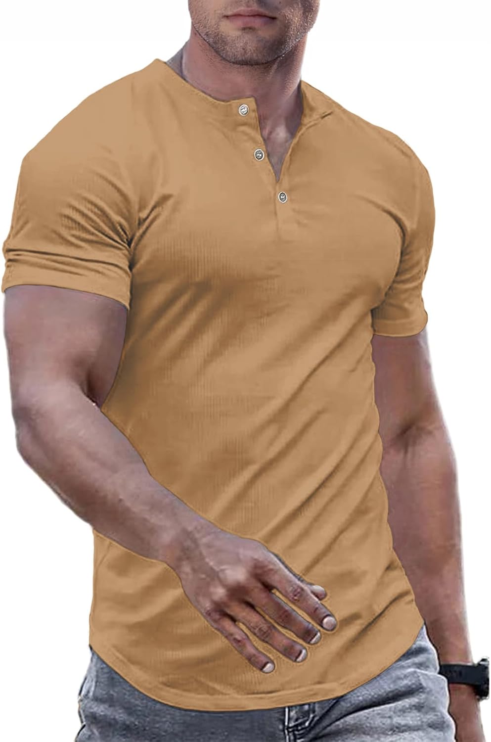 Men's Muscle Slim Henley Shirts Crewneck T-Shirt Gym Workout Athletic Shirt Tees - Picture 108 of 202