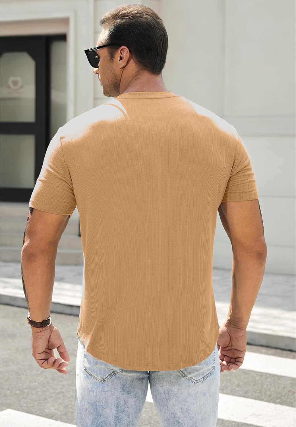 Men's Muscle Slim Henley Shirts Crewneck T-Shirt Gym Workout Athletic Shirt Tees - Picture 109 of 202