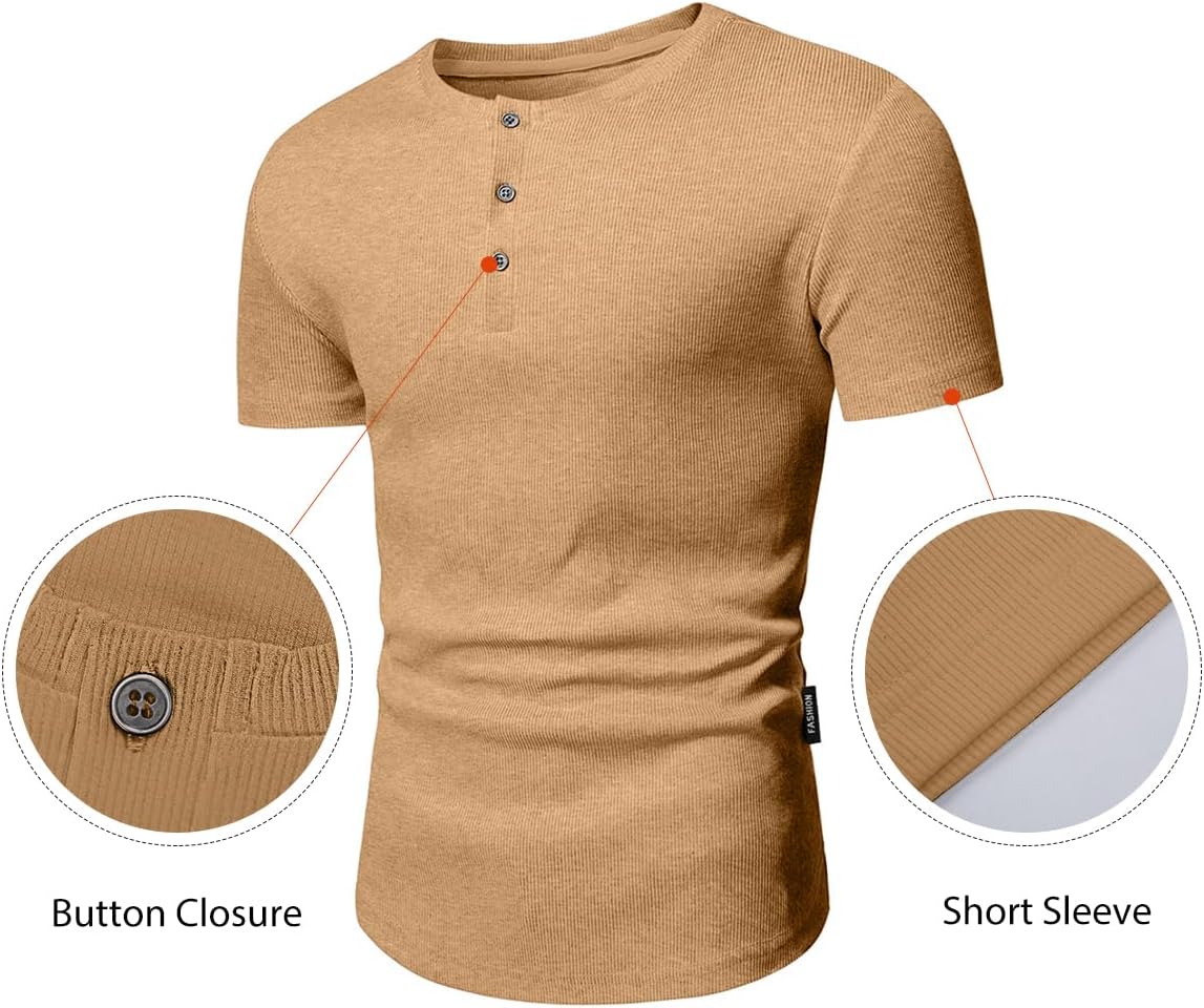 Men's Muscle Slim Henley Shirts Crewneck T-Shirt Gym Workout Athletic Shirt Tees - Picture 110 of 202