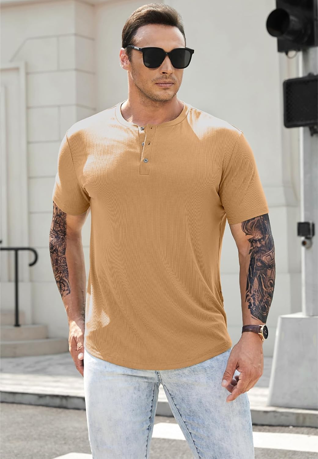 Men's Muscle Slim Henley Shirts Crewneck T-Shirt Gym Workout Athletic Shirt Tees - Picture 113 of 202