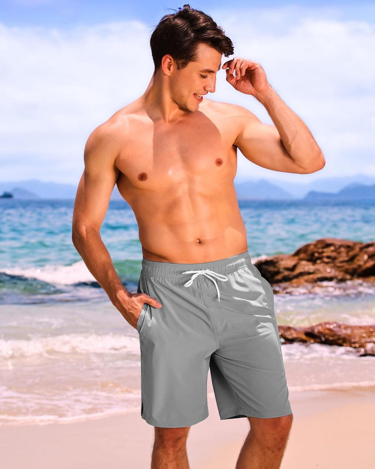 Bañador para hombre de secado rápido traje de baño pantalones cortos con forro bolsillo con cremallera - Imagen 42 de 117