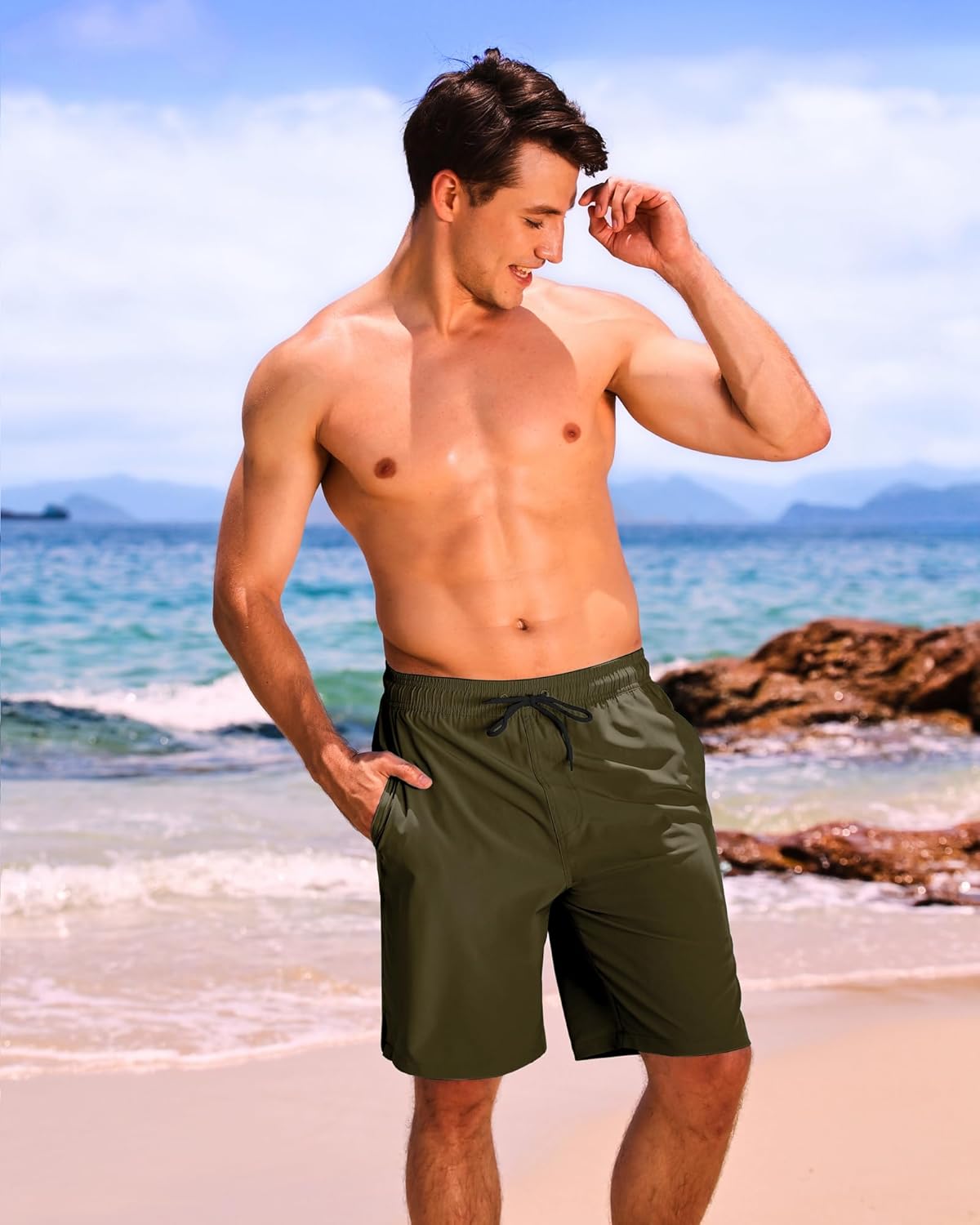 Bañador para hombre de secado rápido traje de baño pantalones cortos con forro bolsillo con cremallera - Imagen 47 de 117