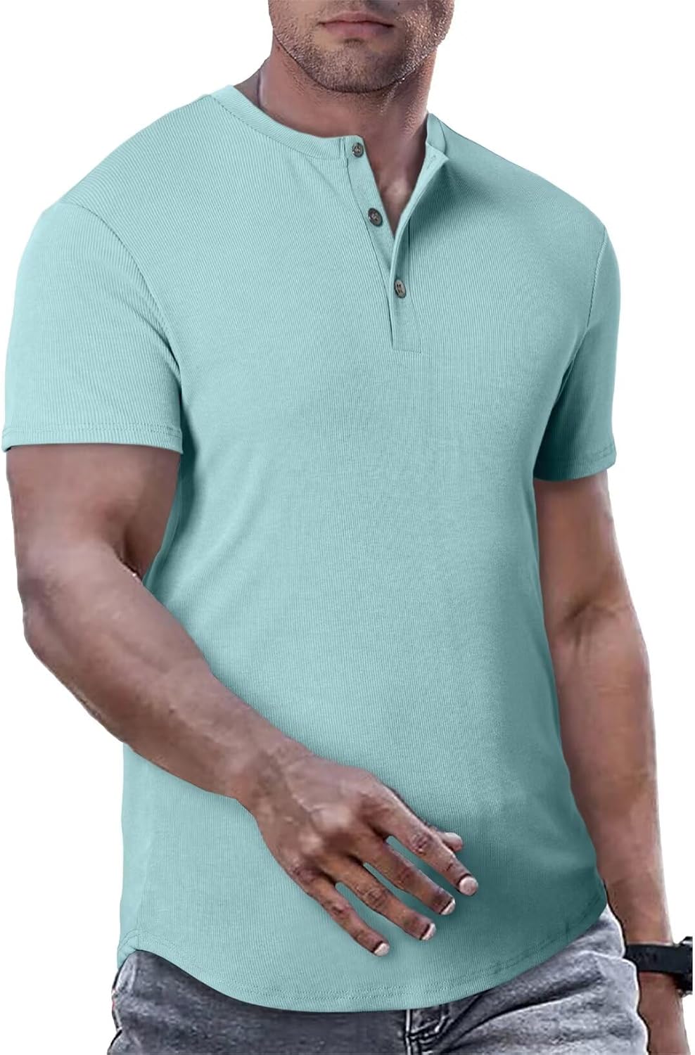 Men's Muscle Slim Henley Shirts Crewneck T-Shirt Gym Workout Athletic Shirt Tees - Picture 116 of 202