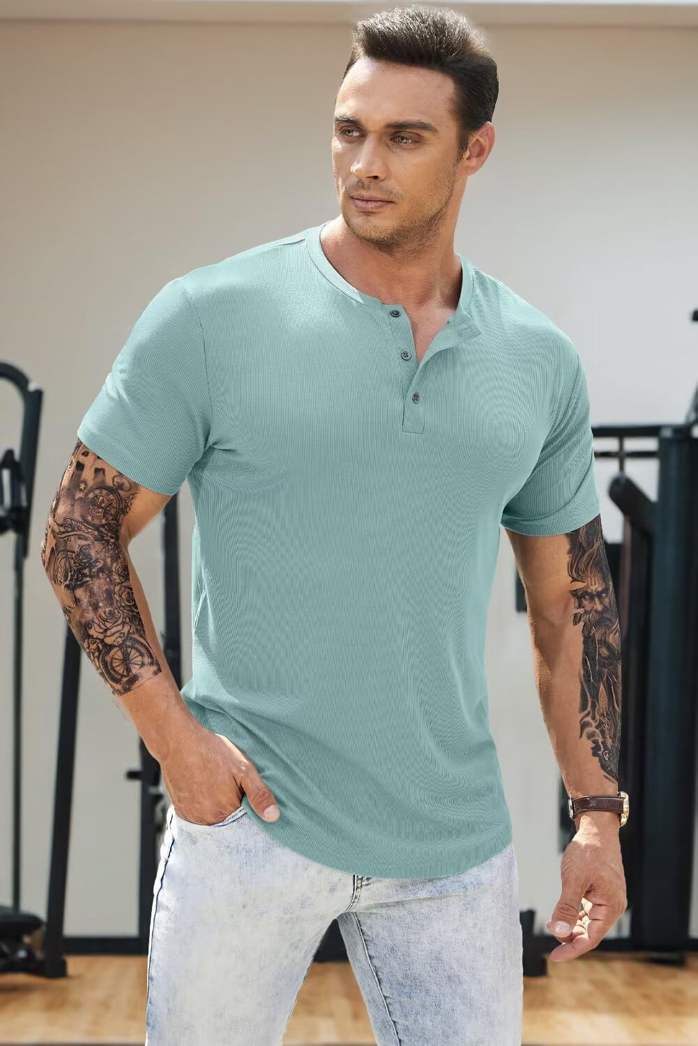 Men's Muscle Slim Henley Shirts Crewneck T-Shirt Gym Workout Athletic Shirt Tees - Picture 117 of 202