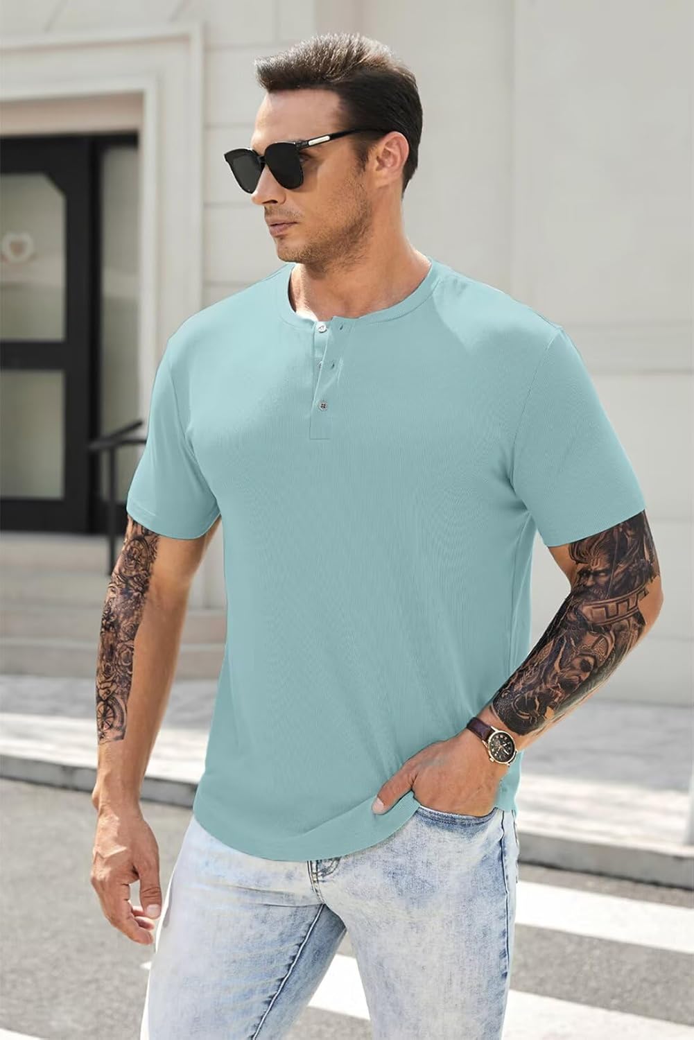 Men's Muscle Slim Henley Shirts Crewneck T-Shirt Gym Workout Athletic Shirt Tees - Picture 118 of 202
