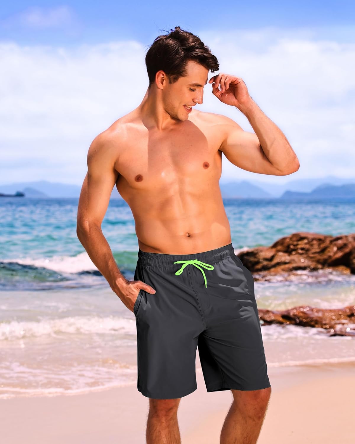 Bañador para hombre de secado rápido traje de baño pantalones cortos con forro bolsillo con cremallera - Imagen 69 de 117