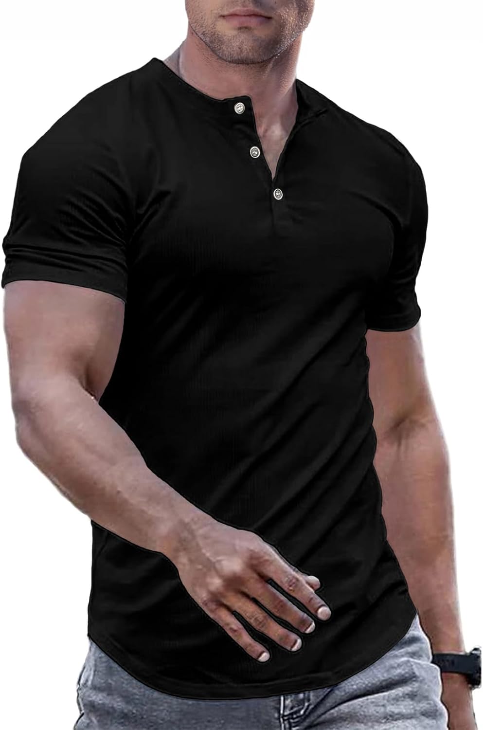 Men's Muscle Slim Henley Shirts Crewneck T-Shirt Gym Workout Athletic Shirt Tees - Picture 124 of 202